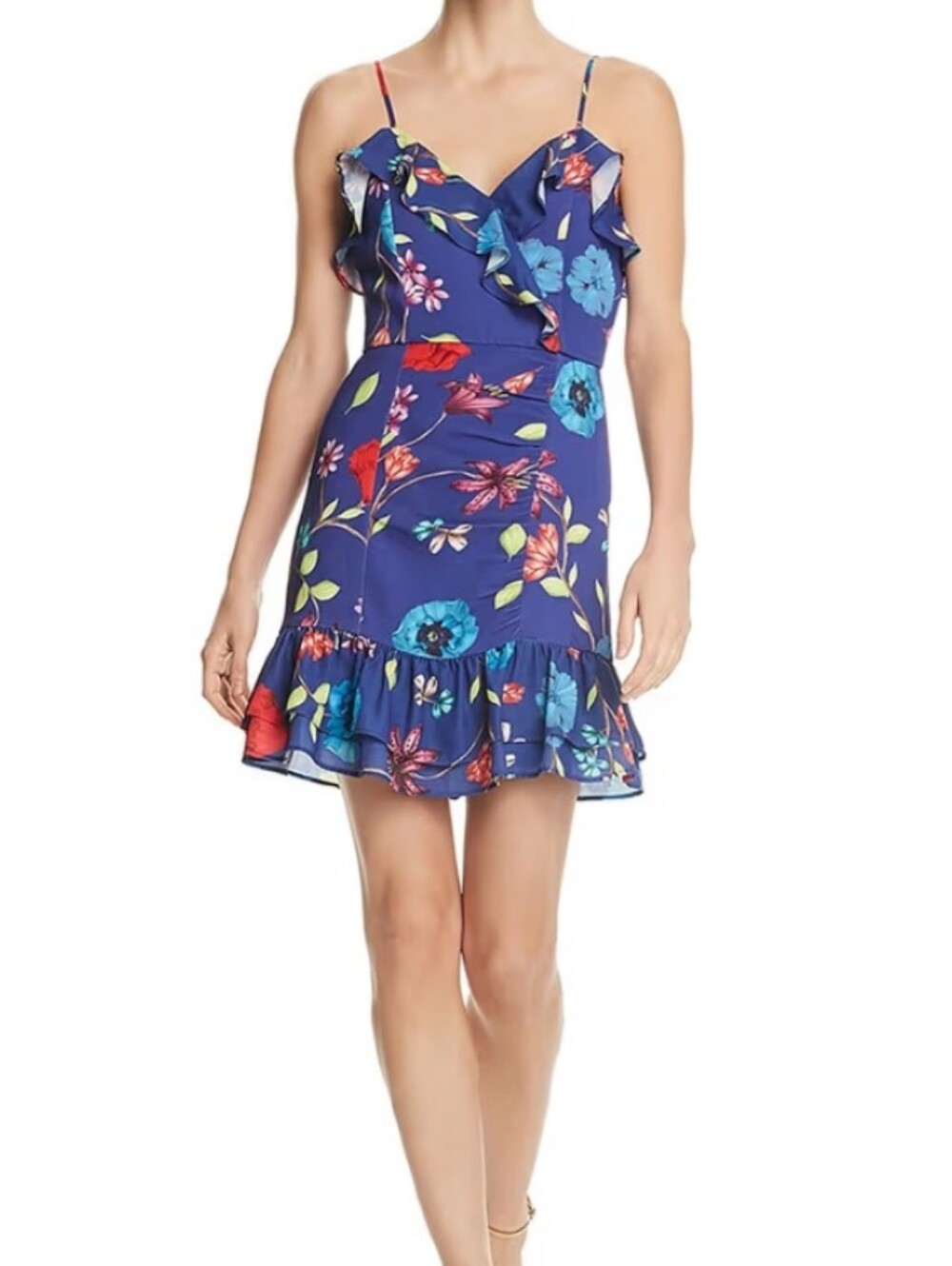 Parker A-Line Erca Cocktail Navy Blue Floral Ruffle Mini Dress Silk-Blend Size 8